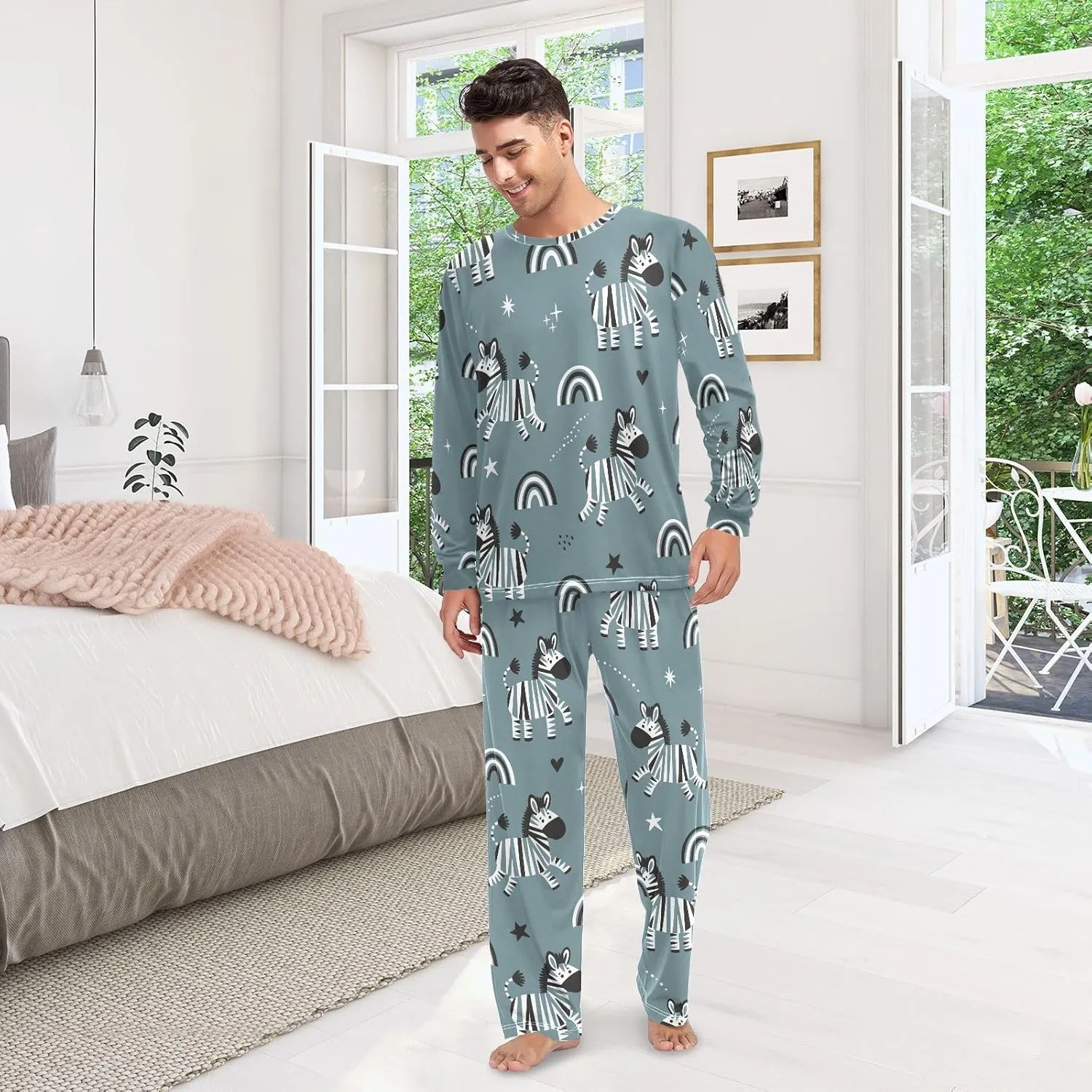 Fustylead Various of Background Unisex Pajamas Set Long Sleeve Flower Floral Print Top and Bottom Sleepwear for Men & Women