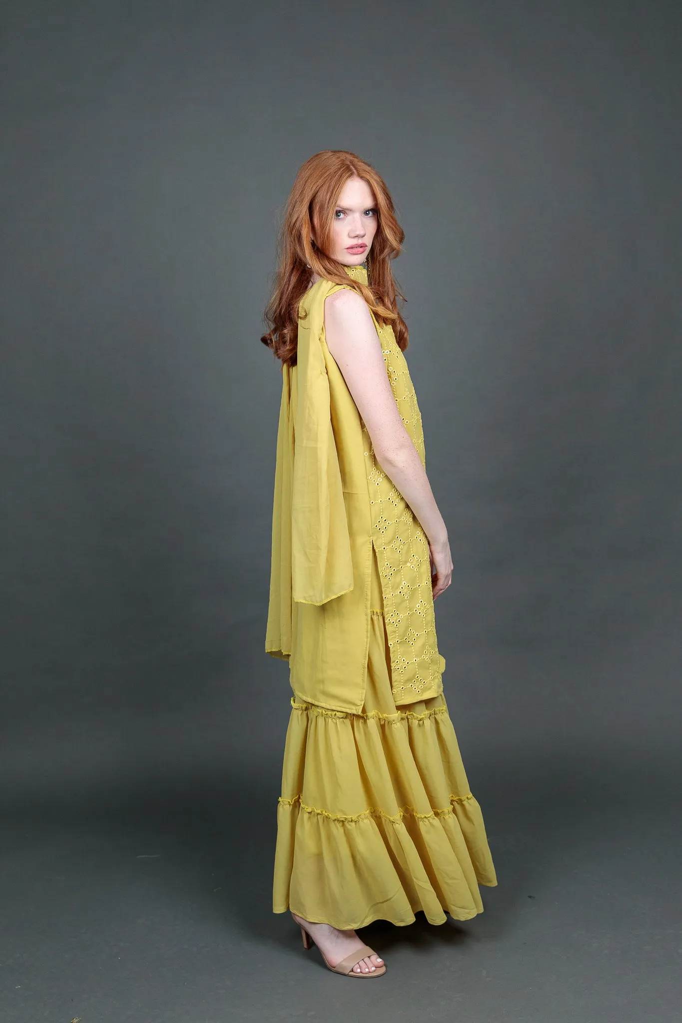 Georgette Embroidered Olive Green With Ruffle Sharara Pants Suit