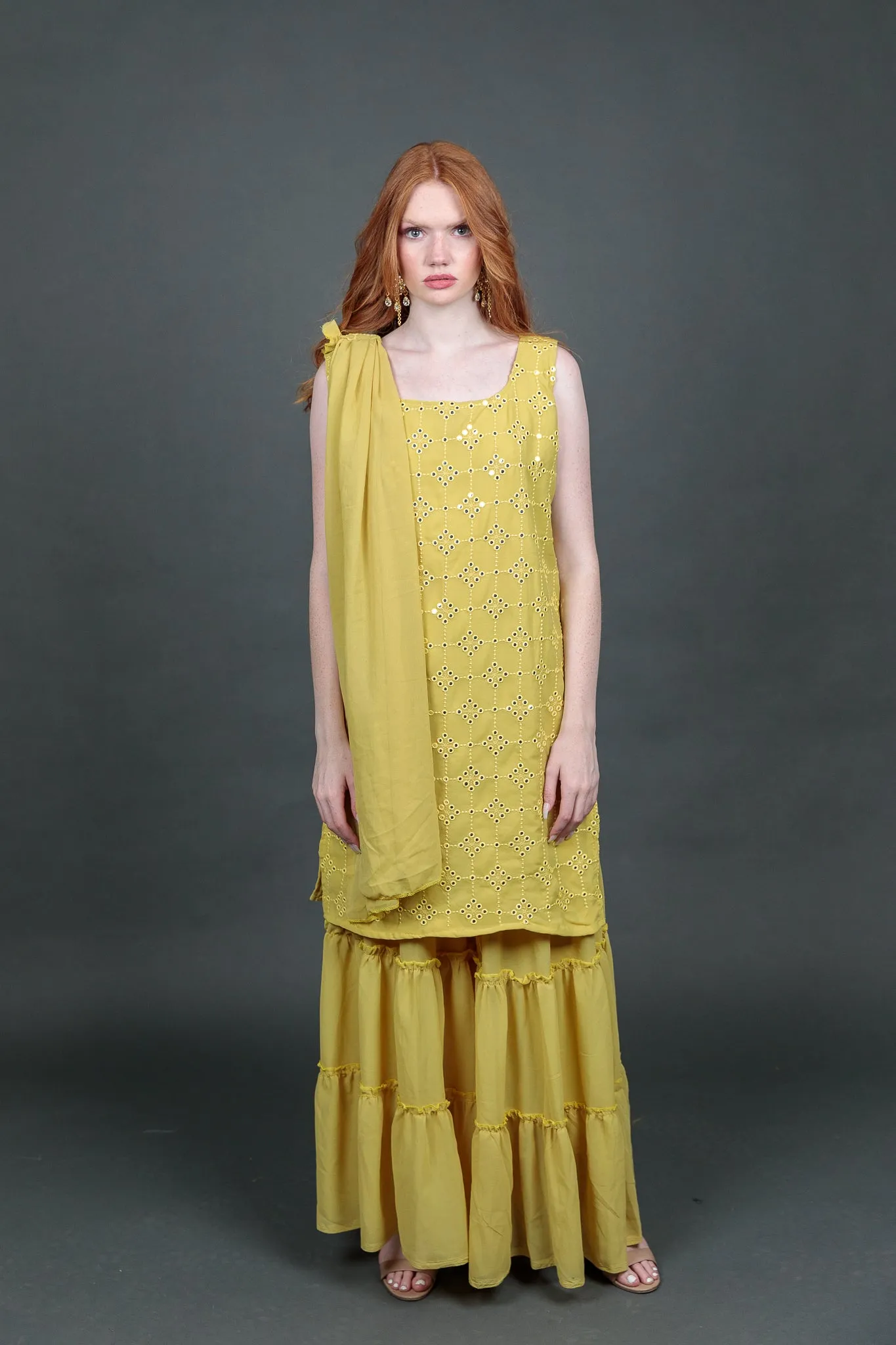 Georgette Embroidered Olive Green With Ruffle Sharara Pants Suit