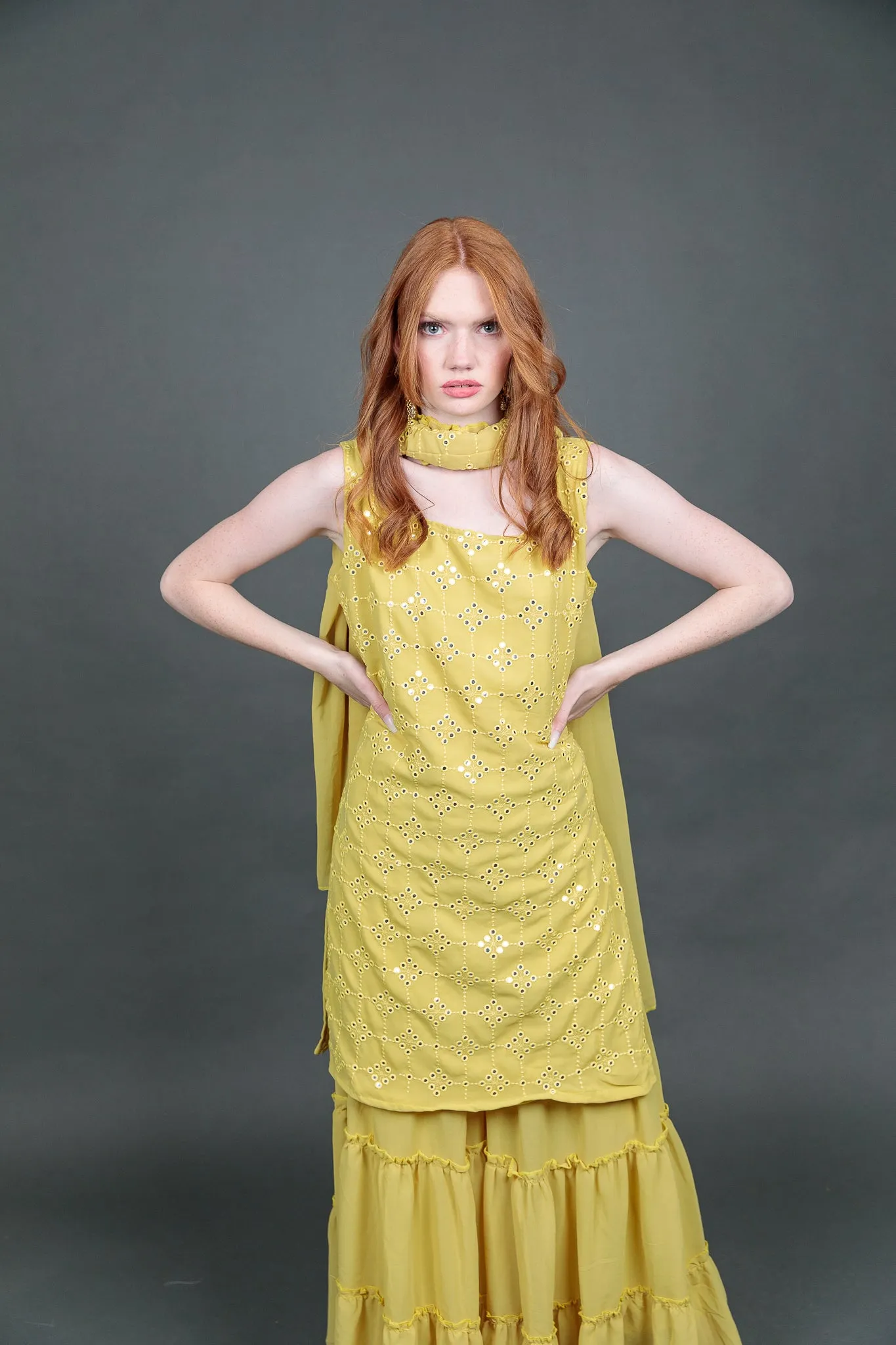 Georgette Embroidered Olive Green With Ruffle Sharara Pants Suit