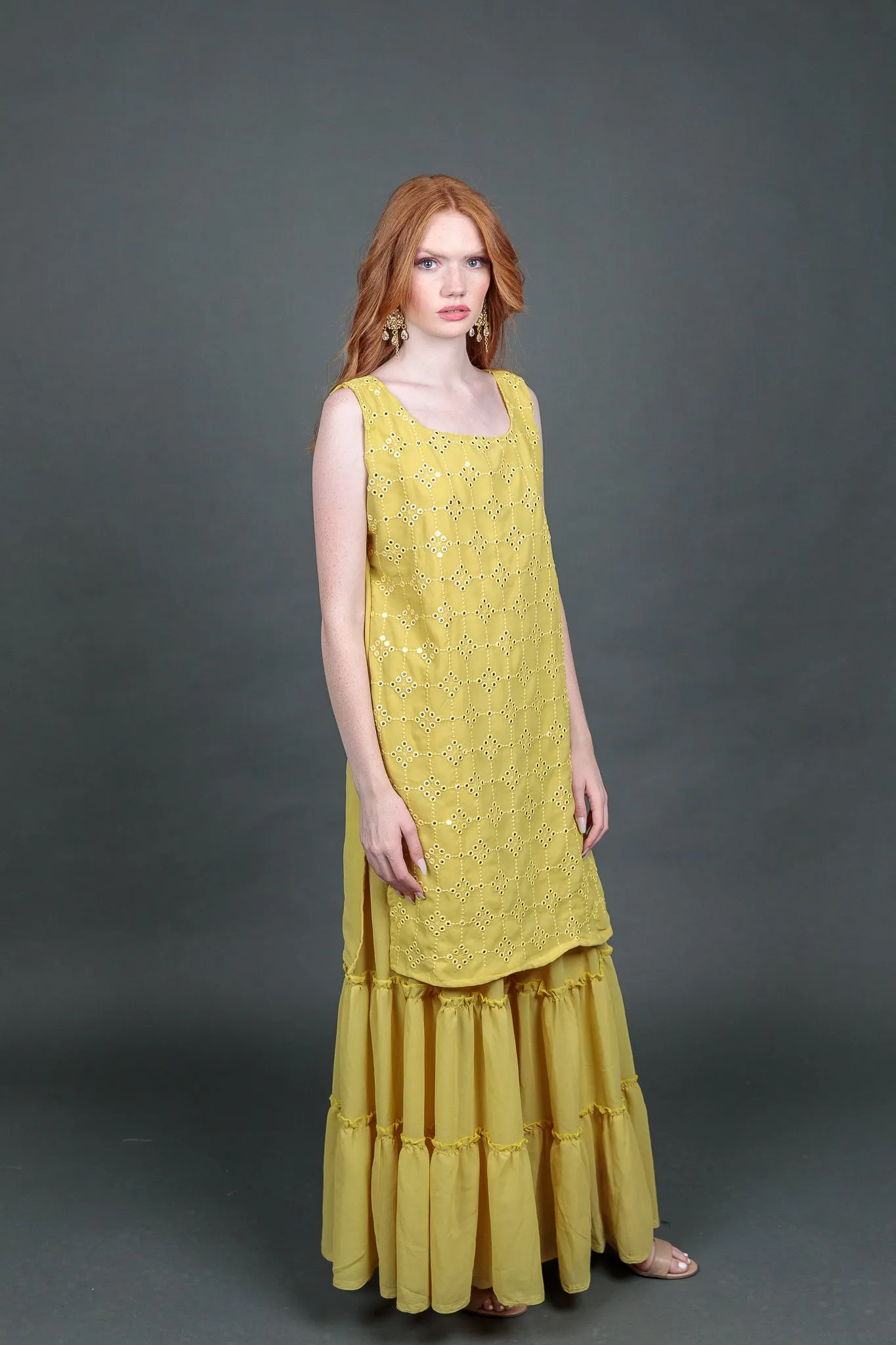 Georgette Embroidered Olive Green With Ruffle Sharara Pants Suit