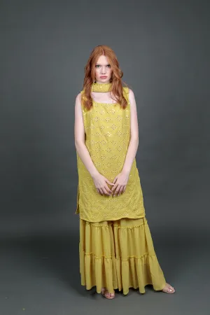 Georgette Embroidered Olive Green With Ruffle Sharara Pants Suit
