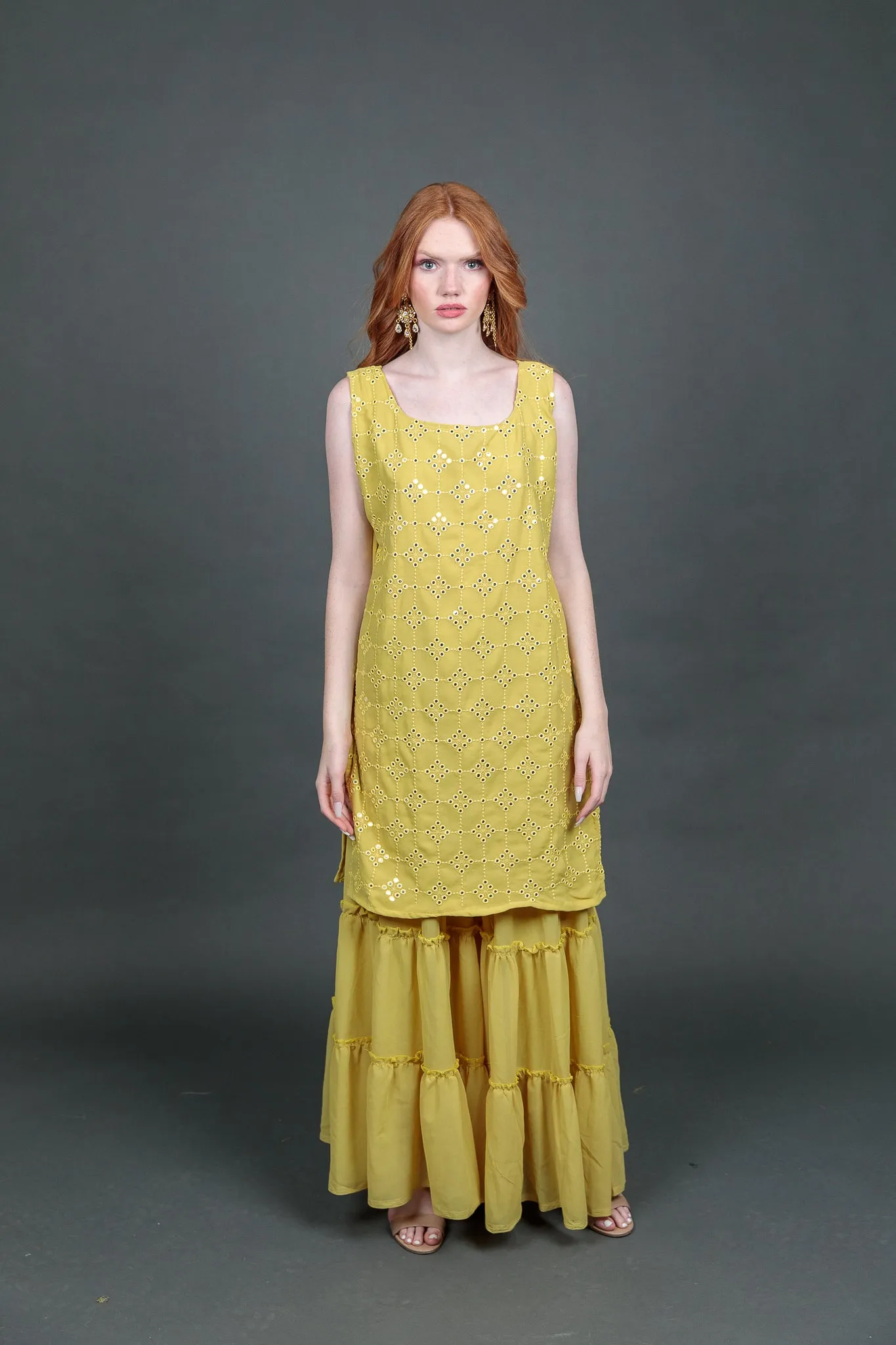 Georgette Embroidered Olive Green With Ruffle Sharara Pants Suit