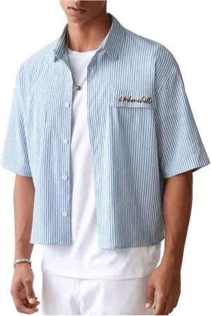 GORGLITTER Men's Striped Crop Letter Graphic Flap Button Down Up Shirt Short Sleeve Collar Top