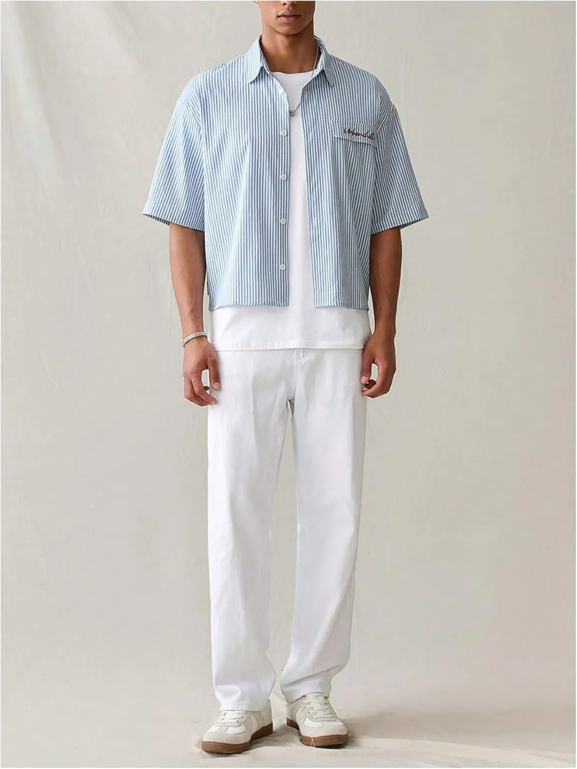 GORGLITTER Men's Striped Crop Letter Graphic Flap Button Down Up Shirt Short Sleeve Collar Top