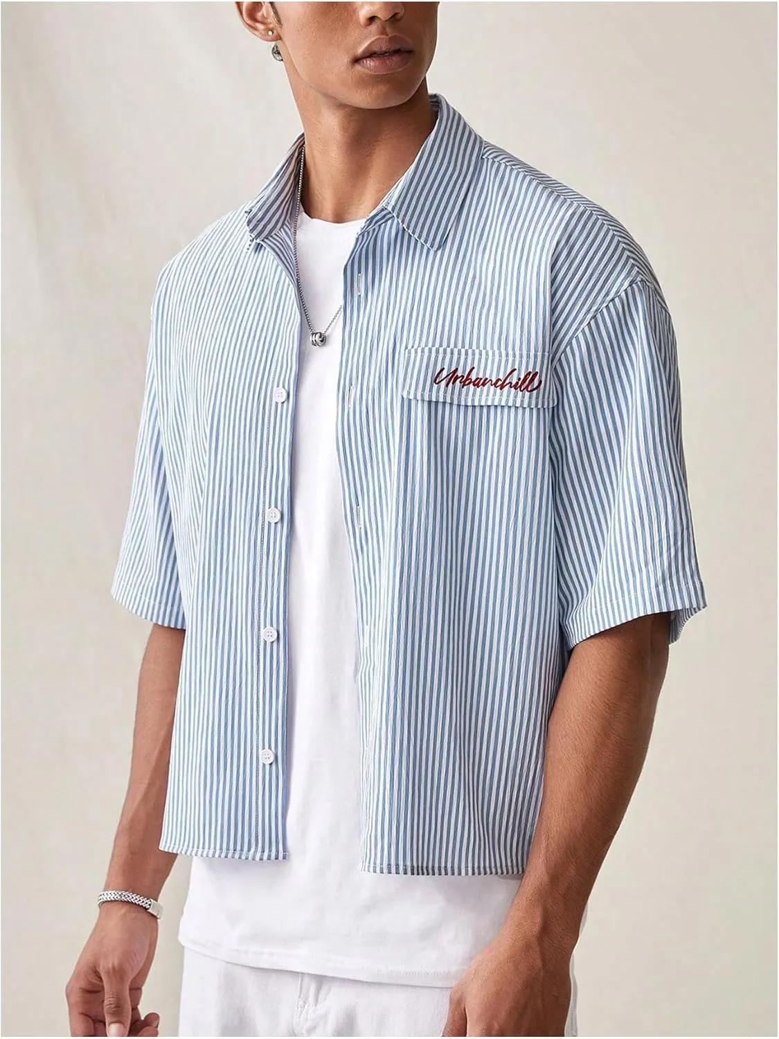 GORGLITTER Men's Striped Crop Letter Graphic Flap Button Down Up Shirt Short Sleeve Collar Top