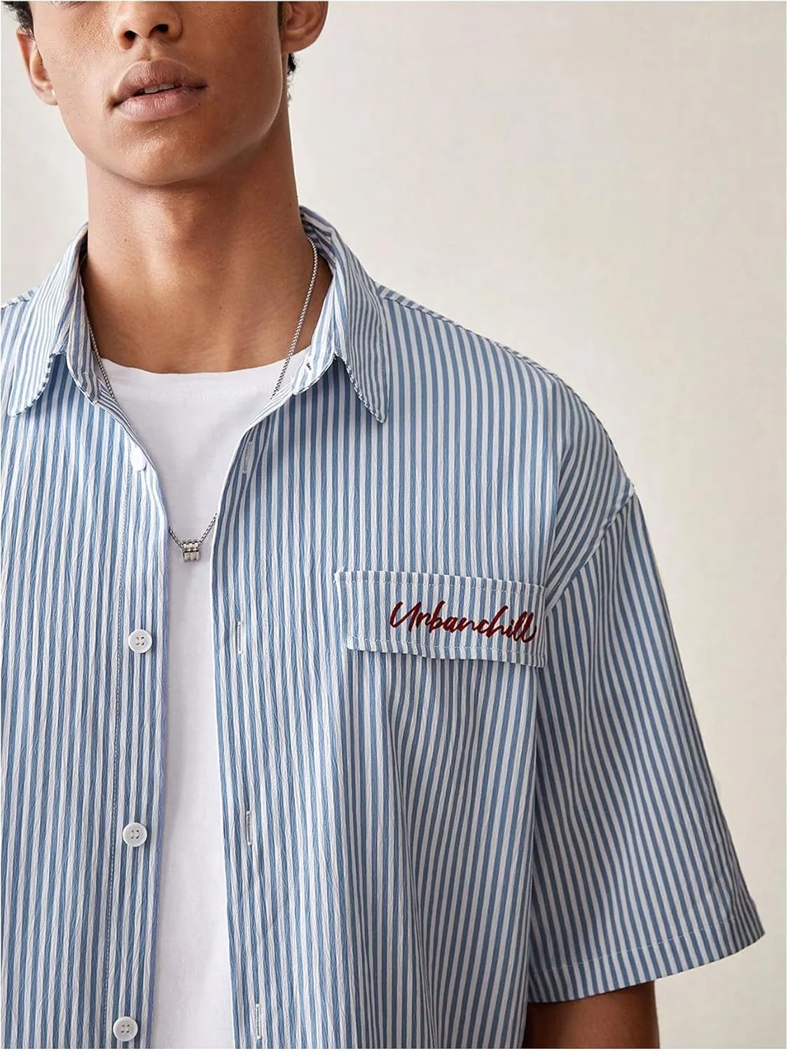 GORGLITTER Men's Striped Crop Letter Graphic Flap Button Down Up Shirt Short Sleeve Collar Top