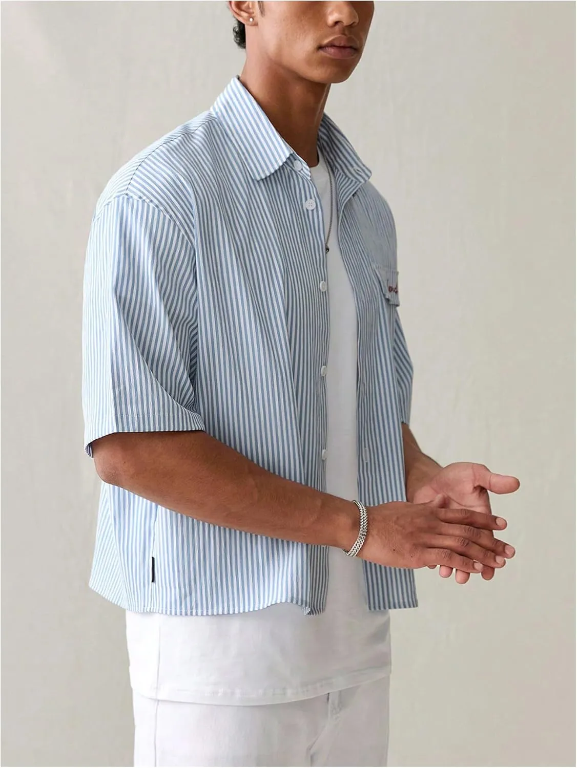 GORGLITTER Men's Striped Crop Letter Graphic Flap Button Down Up Shirt Short Sleeve Collar Top