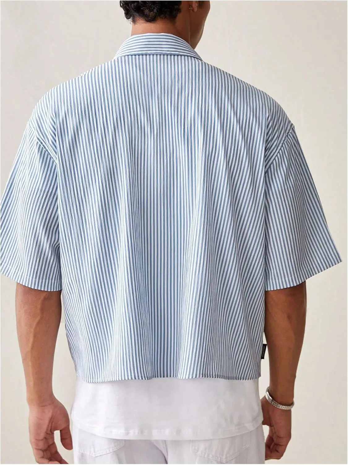 GORGLITTER Men's Striped Crop Letter Graphic Flap Button Down Up Shirt Short Sleeve Collar Top