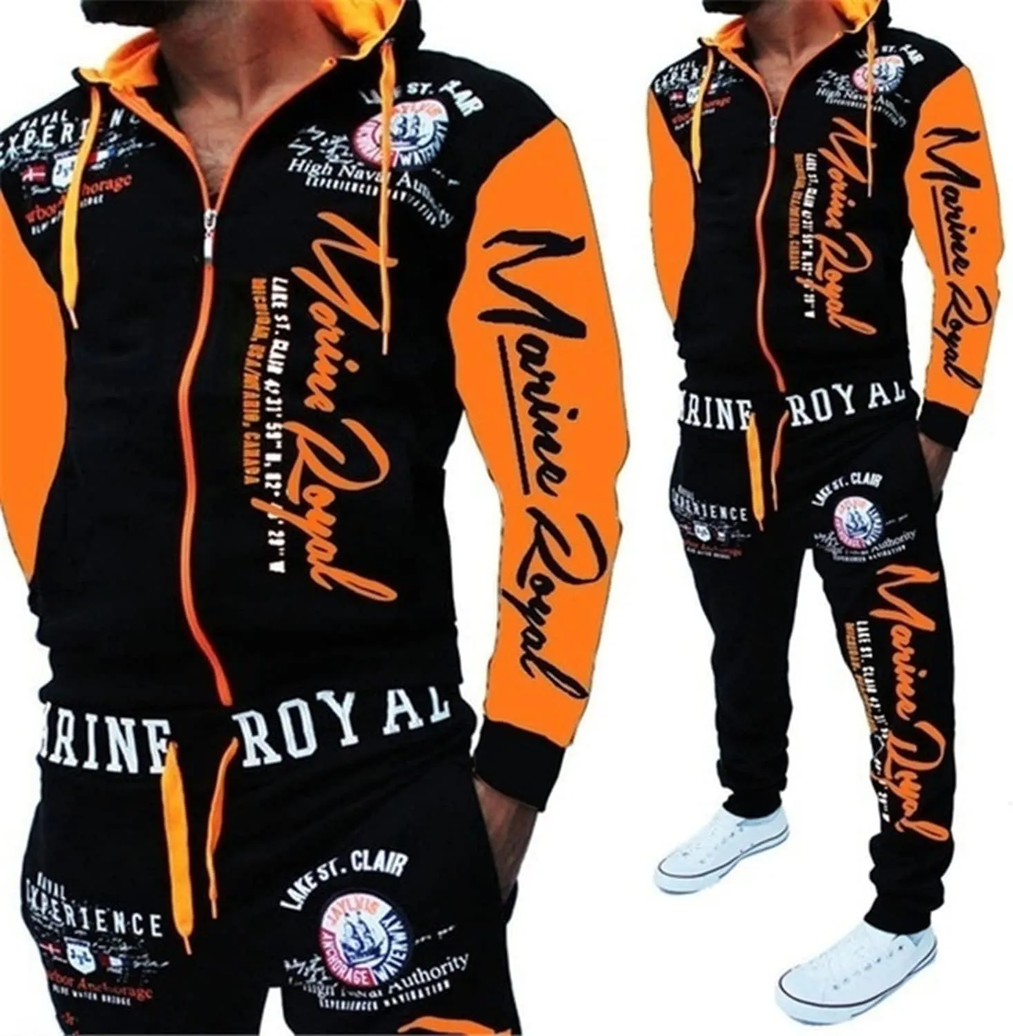 HHGKED Men 's Casual Tracksuit Hooded Full Zip Elastic Waistband Sweatsuit Set