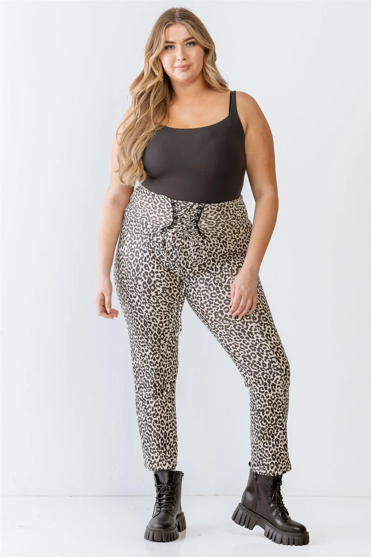 Junior Plus Cream & Black Leopard Print Lace-Up Detail Fitted Pants /2-2-1