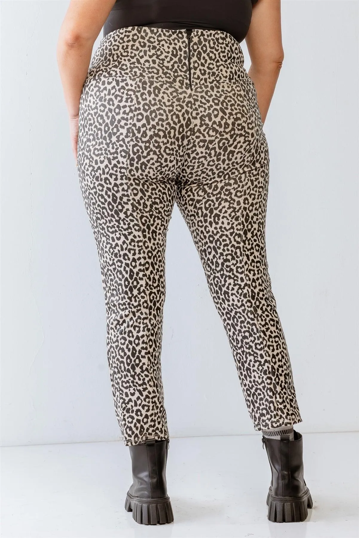 Junior Plus Cream & Black Leopard Print Lace-Up Detail Fitted Pants /2-2-1