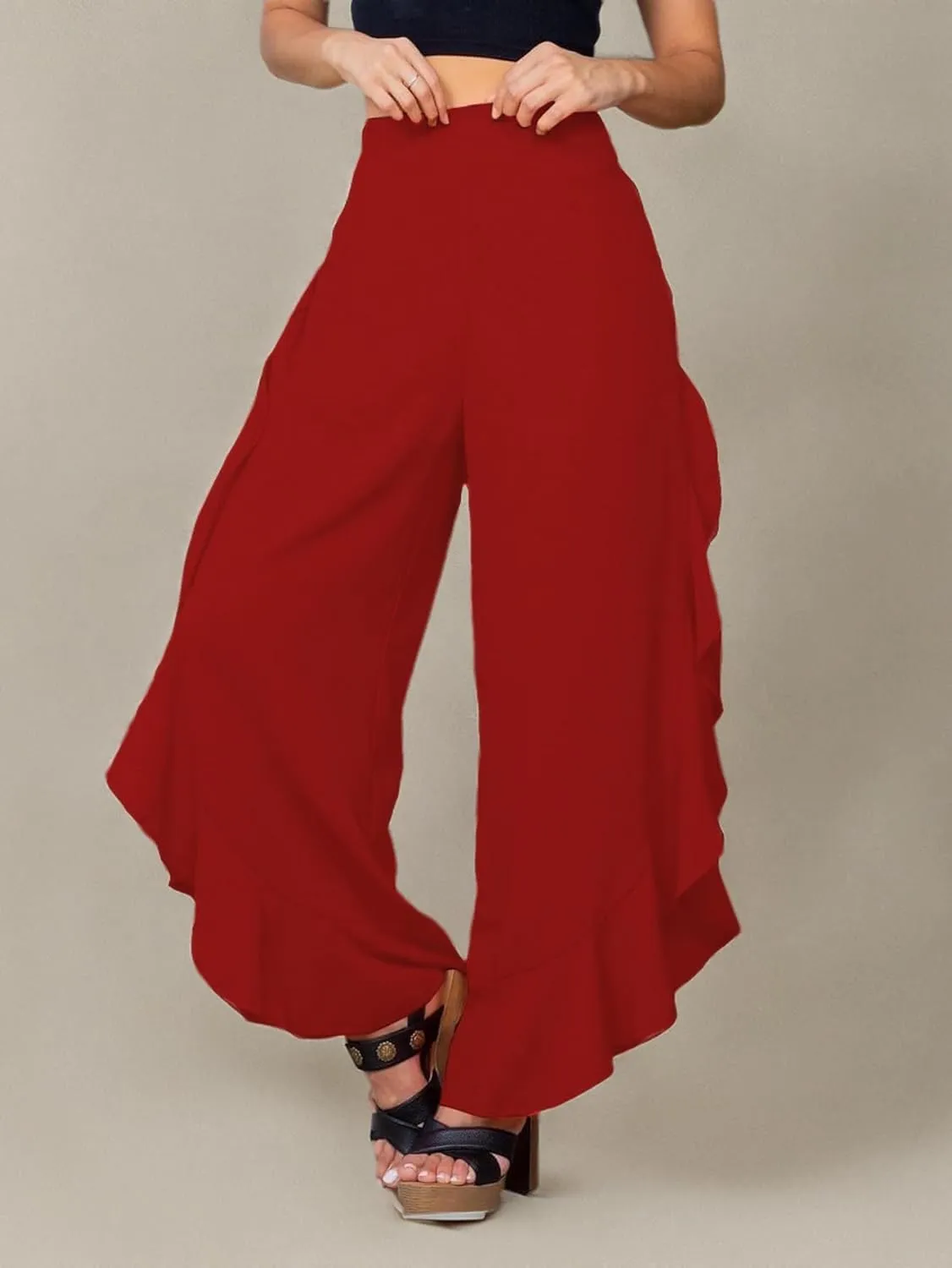 LYANER Women's Casual Ruffle Side Split Elastic High Waist Wide Long Pants Trouser