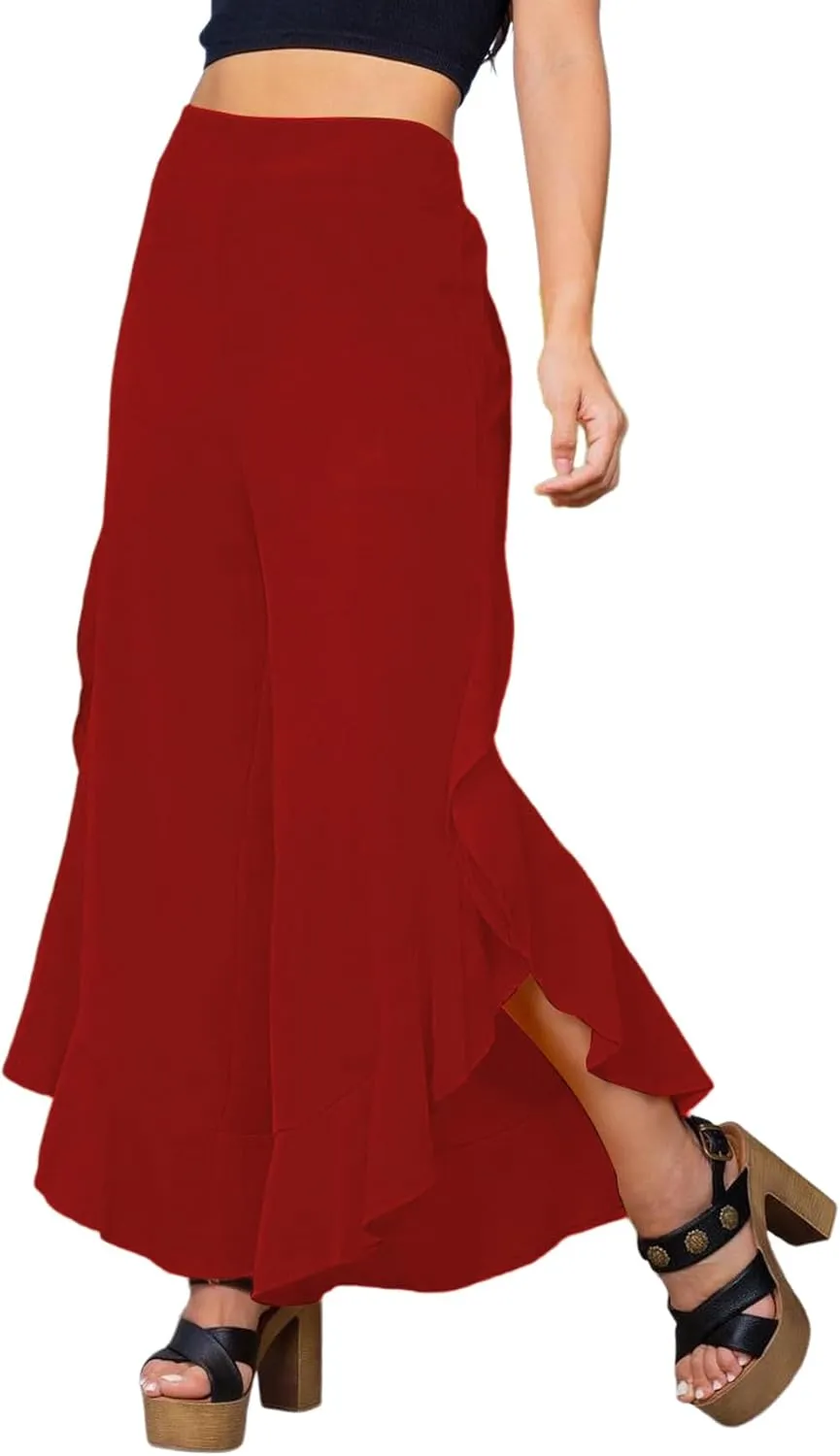 LYANER Women's Casual Ruffle Side Split Elastic High Waist Wide Long Pants Trouser