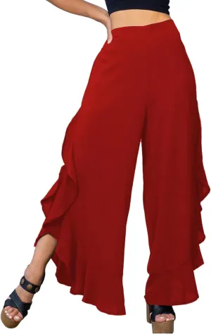 LYANER Women's Casual Ruffle Side Split Elastic High Waist Wide Long Pants Trouser