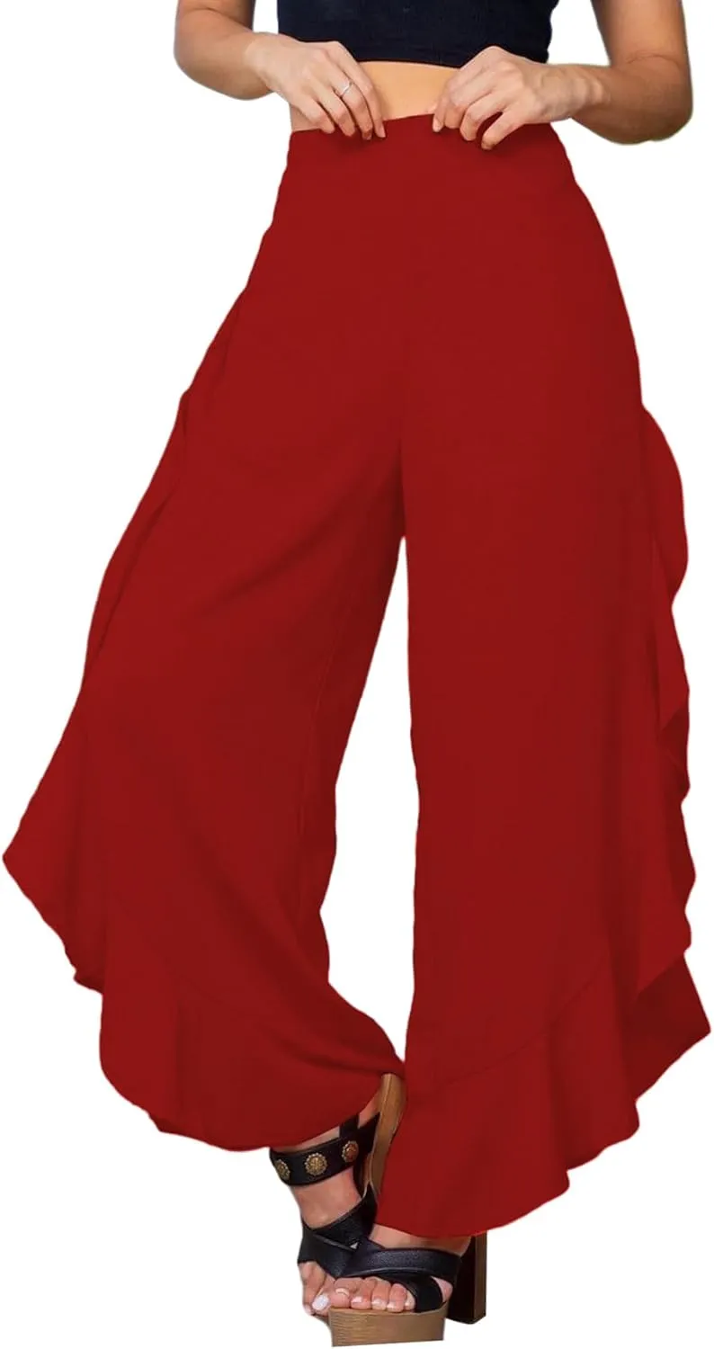 LYANER Women's Casual Ruffle Side Split Elastic High Waist Wide Long Pants Trouser