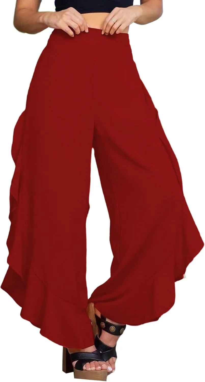 LYANER Women's Casual Ruffle Side Split Elastic High Waist Wide Long Pants Trouser