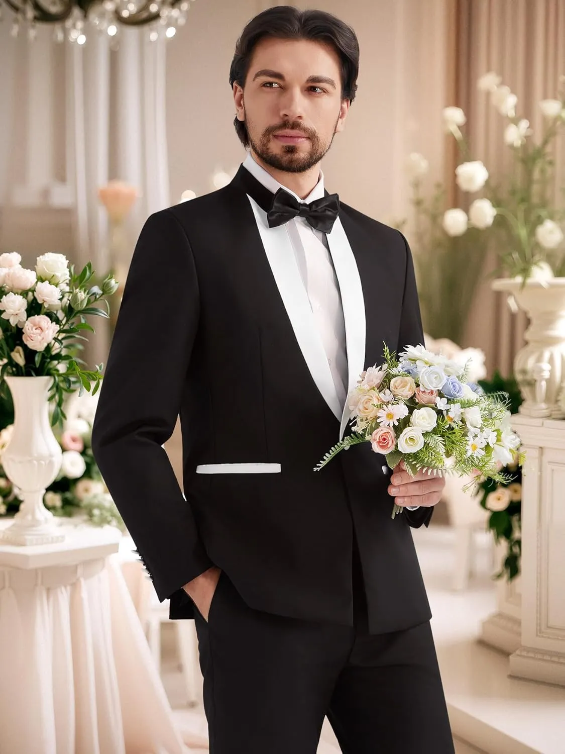 MAGE MALE Mens 2 Pieces Tuxedo Standing Collar Slim Fit One Button Color Clashing Design Suit Blazer Jacket and Pants Set