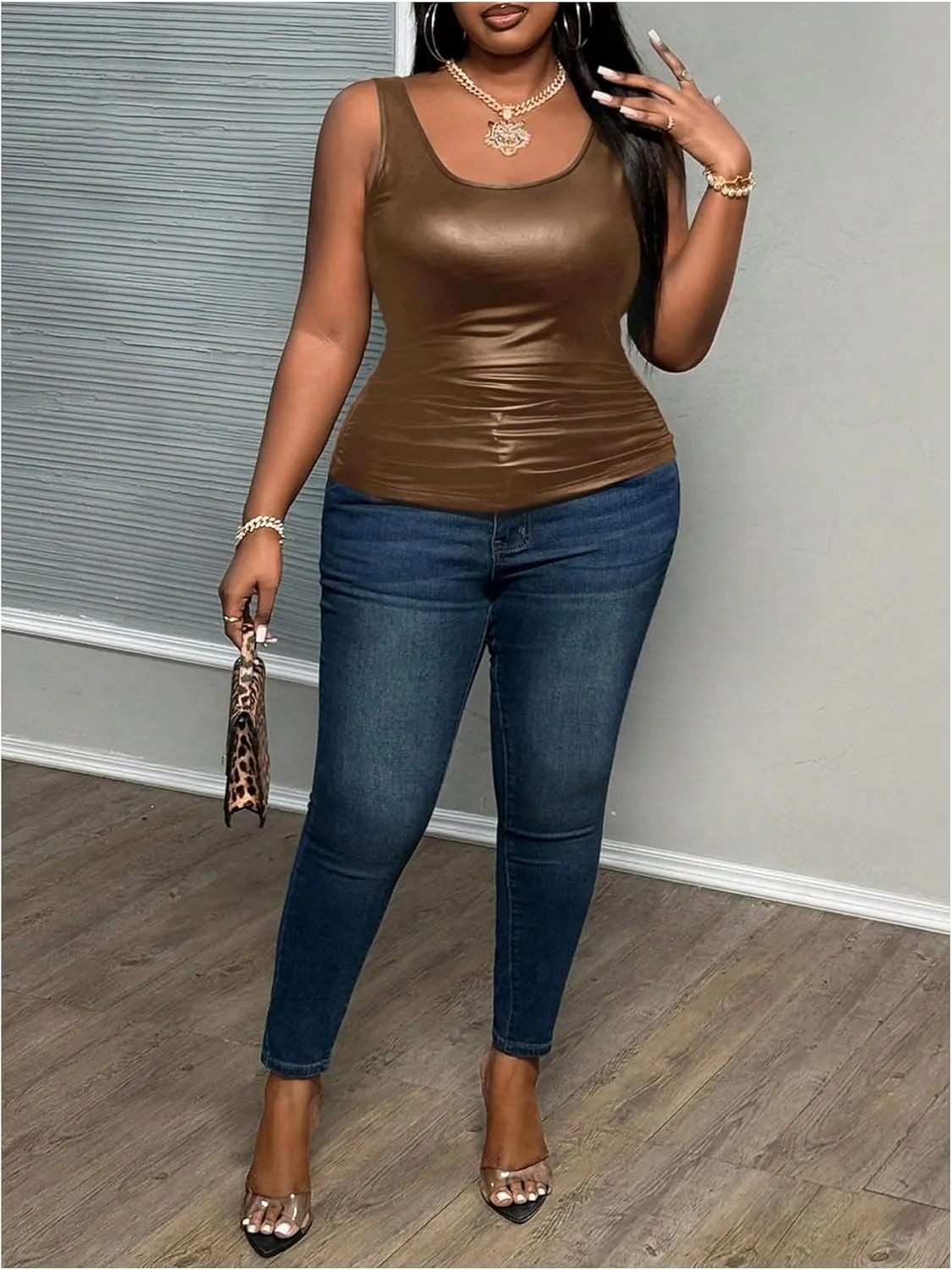 MakeMeChic Women's Plus Size PU Leather Tank Top Square Neck Ruched Sleeveless Y2K Vest