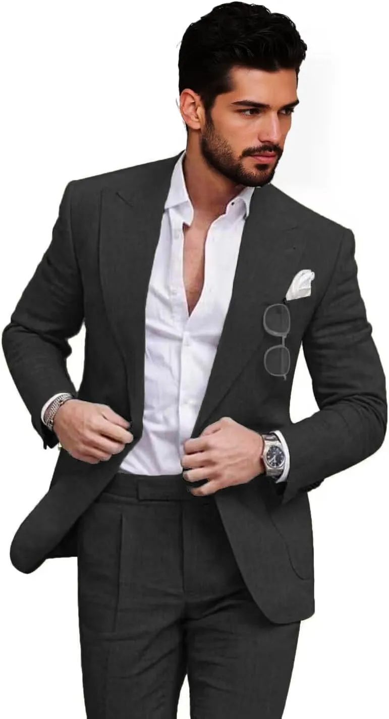 Mens Linen Suits 2 Piece Slim Fit Linen Suit for Men Retro Mens Suits for Beach Wedding Prom Suit Blazer Pants Set