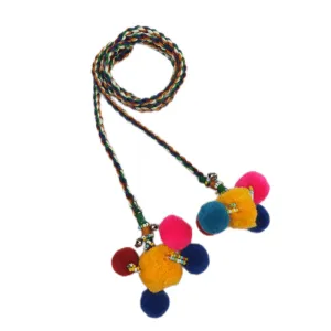 Multi Color Braided Cotton Cord Rope Waist Belt With Pom-Pom