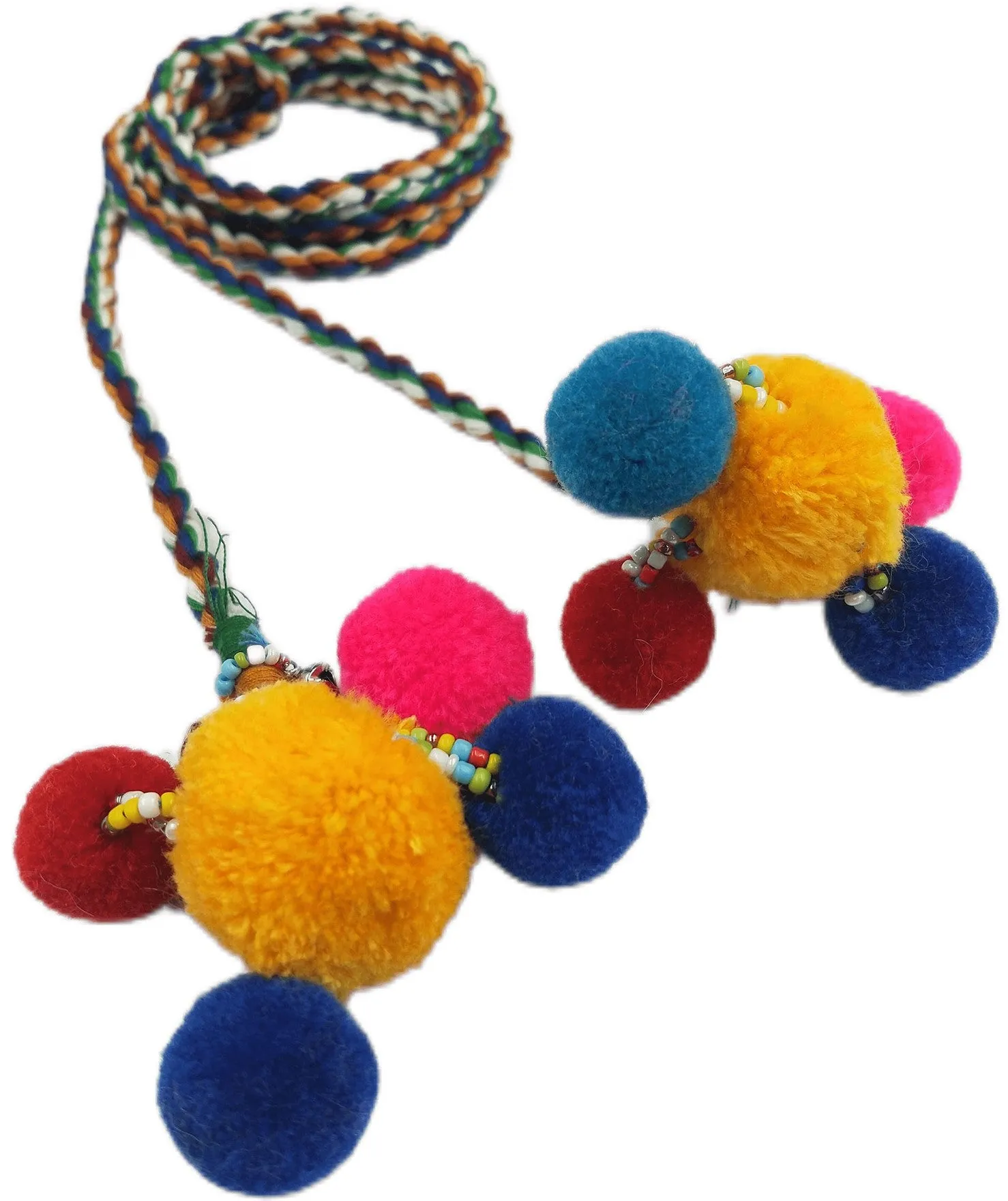 Multi Color Braided Cotton Cord Rope Waist Belt With Pom-Pom
