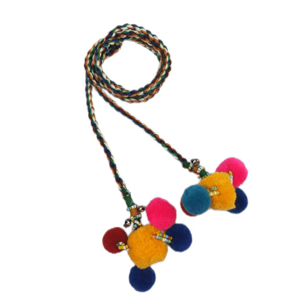 Multi Color Braided Cotton Cord Rope Waist Belt With Pom-Pom