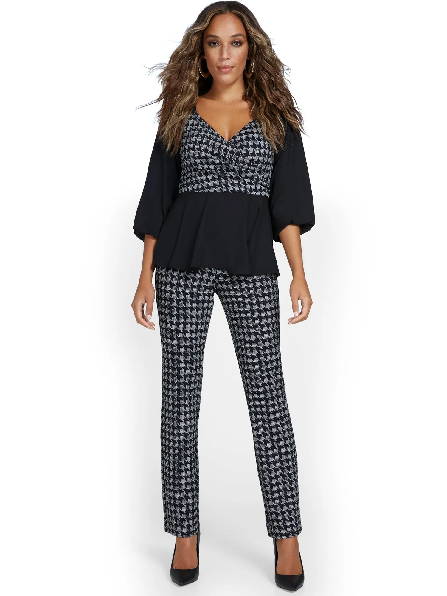 Petite Pull-On Houndstooth Straight-Leg Ponte Pant - Superflex
