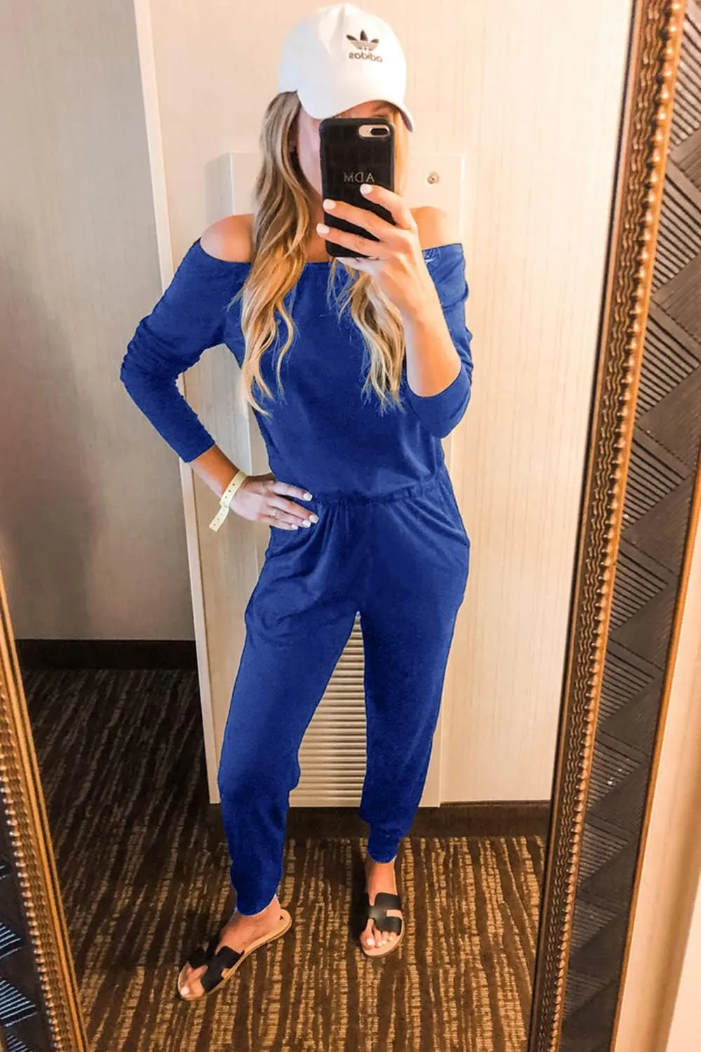 PRETTYGARDEN Women's Casual Long Sleeve Jumpsuit Crewneck Off Shoulder Elastic Waist Stretchy Romper
