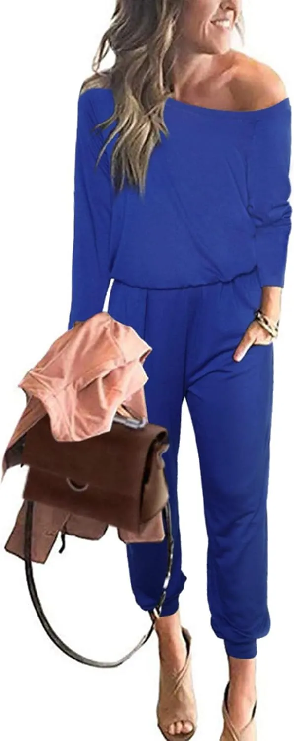 PRETTYGARDEN Women's Casual Long Sleeve Jumpsuit Crewneck Off Shoulder Elastic Waist Stretchy Romper