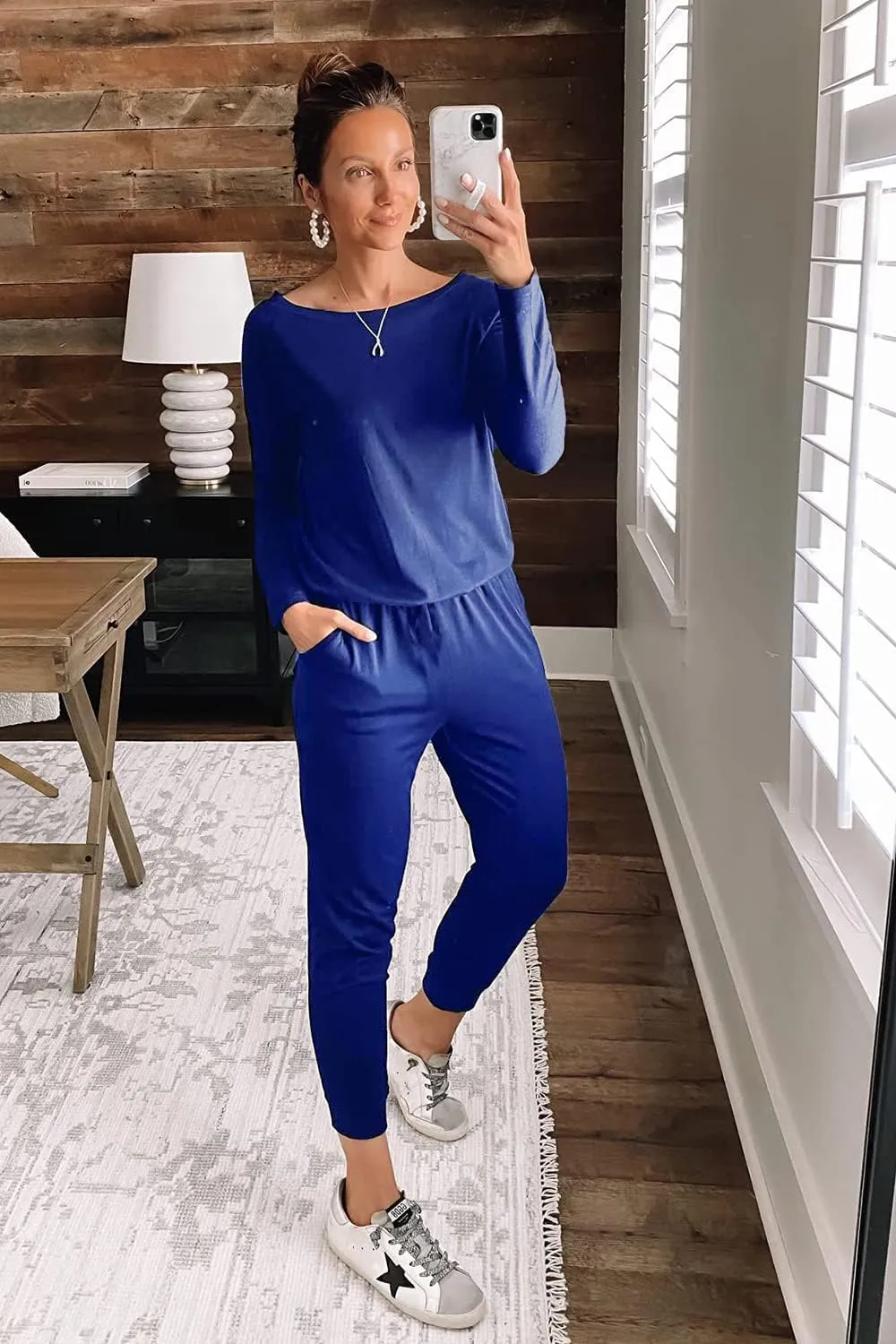 PRETTYGARDEN Women's Casual Long Sleeve Jumpsuit Crewneck Off Shoulder Elastic Waist Stretchy Romper