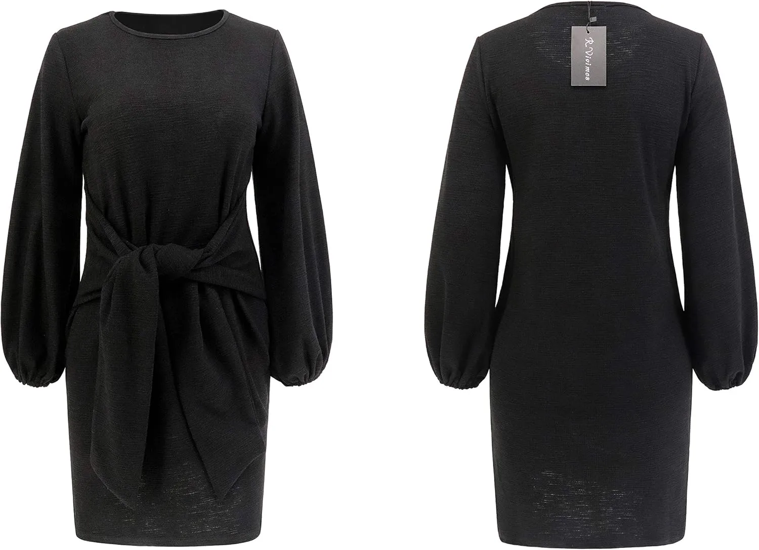 R.Vivimos Women's Autumn Winter Cotton Long Sleeves Elegant Knitted Bodycon Tie Waist Sweater Pencil Dress