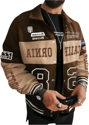 SOLY HUX Men's Letter Graphic Collar Jacket Button Down Long Sleeve Color Block Vintage Baseball Jacket