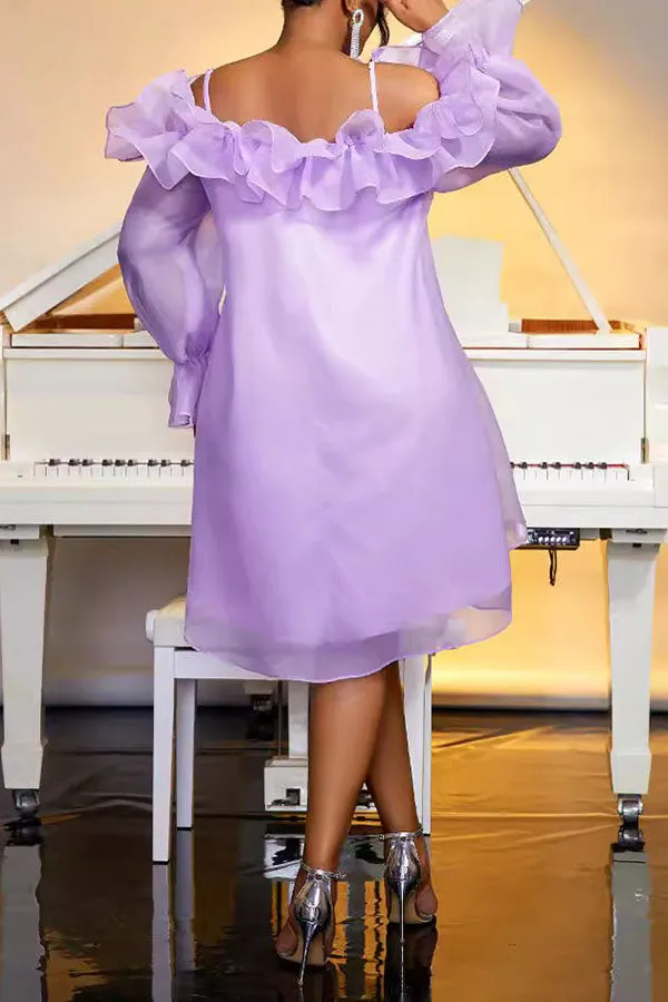 Stylish Pleated Flounce Sleeve Midi Dress
