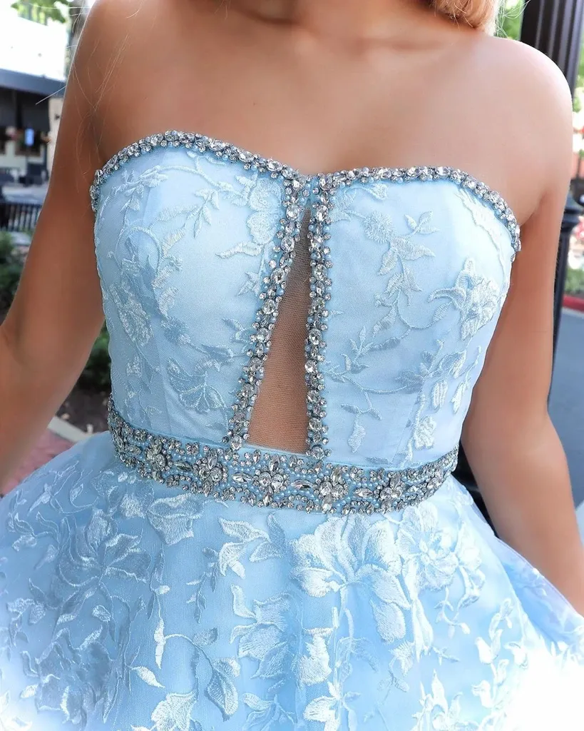 Stylish Strapless Lace Long Prom Dresses, A-line Beaded 2020 Newest Prom Dresses