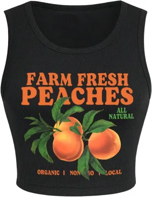 WDIRARA Women's Letter Print Graphic Round Neck Sleeveless Rib Knit Crop Tank Top