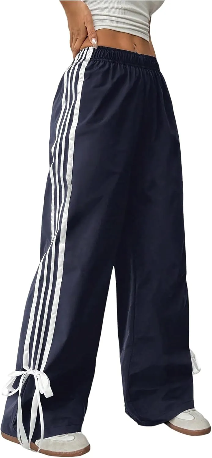 WDIRARA Women's Petite Side Striped Bowknot Track Pants Elastic Waist Wide Leg Baggy Sweatpants Streetwear