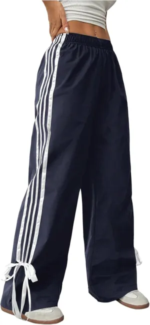 WDIRARA Women's Petite Side Striped Bowknot Track Pants Elastic Waist Wide Leg Baggy Sweatpants Streetwear