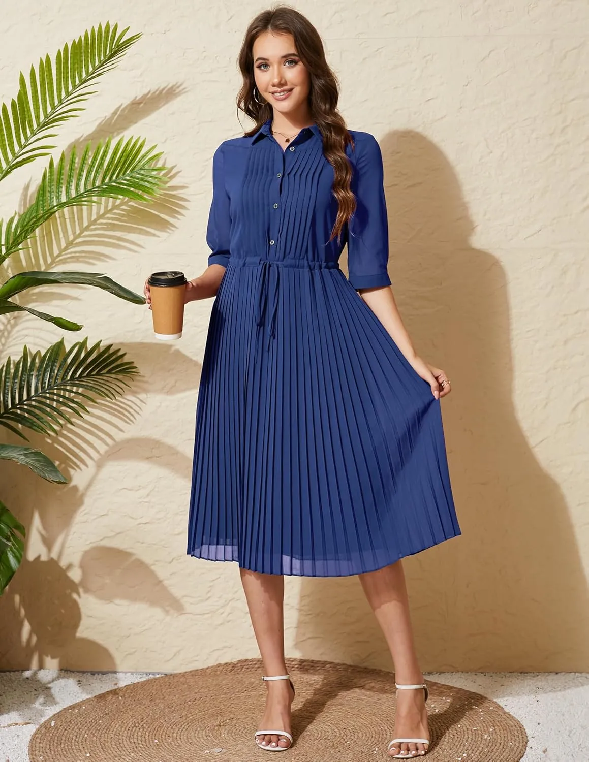 Women V Neck 3/4 Sleeve Pleated A-Line Dress with Belt Swing Midi Dresses for Spring Summer Autumn