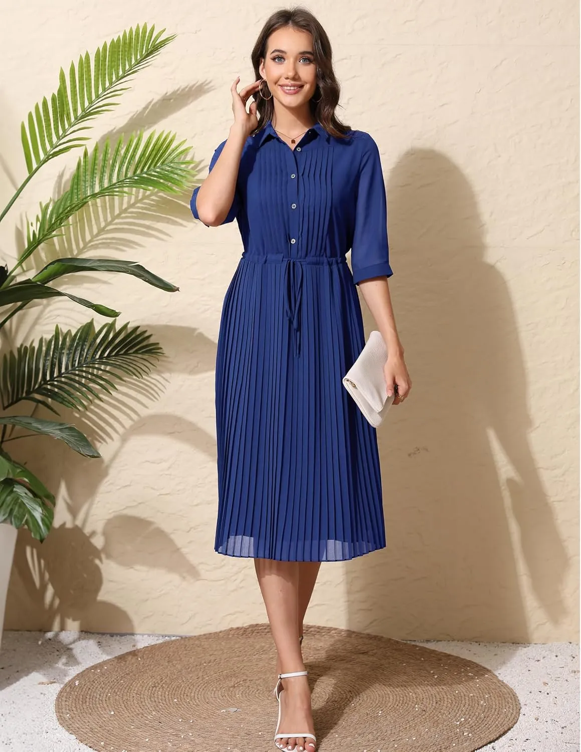 Women V Neck 3/4 Sleeve Pleated A-Line Dress with Belt Swing Midi Dresses for Spring Summer Autumn