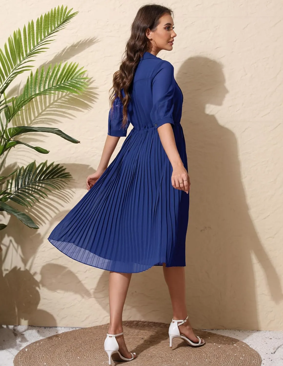 Women V Neck 3/4 Sleeve Pleated A-Line Dress with Belt Swing Midi Dresses for Spring Summer Autumn