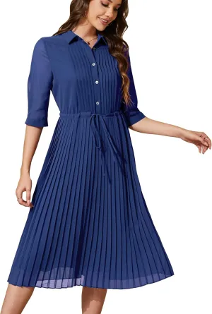 Women V Neck 3/4 Sleeve Pleated A-Line Dress with Belt Swing Midi Dresses for Spring Summer Autumn
