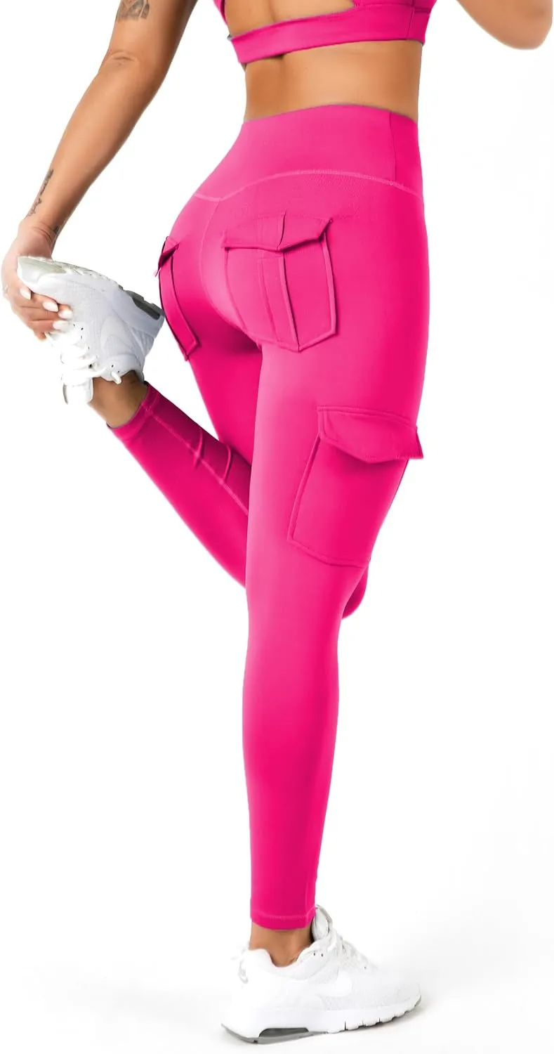 Women's Cargo Yoga Leggings with 4 Pockets High Waisted Tummy Control Stretch Workout Pants Gym Tights