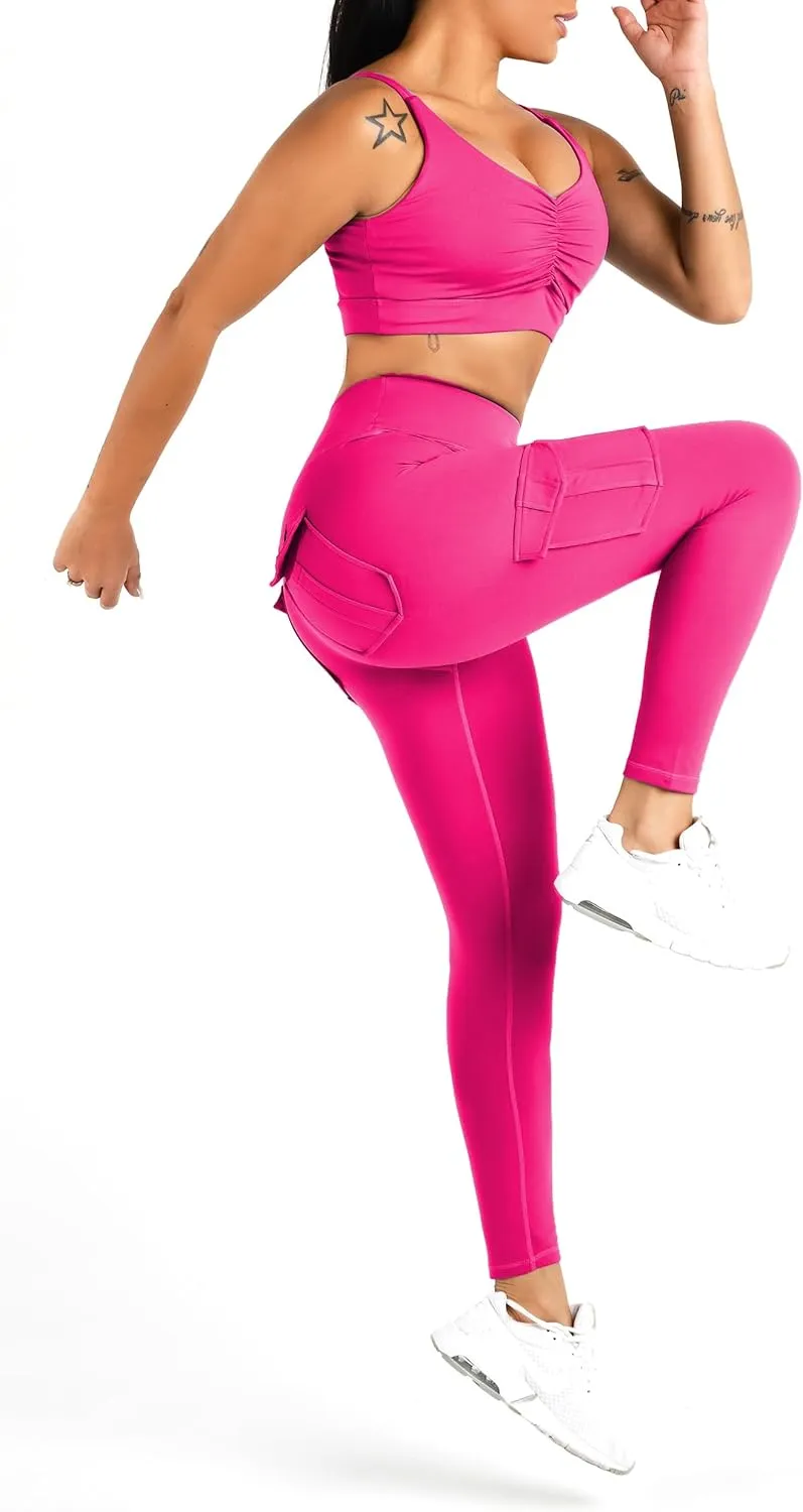 Women's Cargo Yoga Leggings with 4 Pockets High Waisted Tummy Control Stretch Workout Pants Gym Tights
