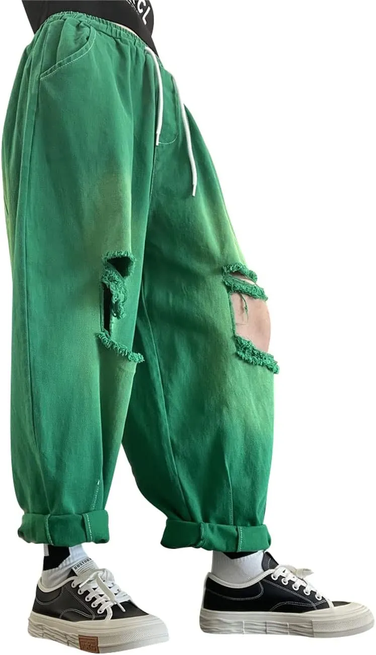 Women's Casual Drawstring Waist Harem Denim Pants Ripped Jeans with Pockets