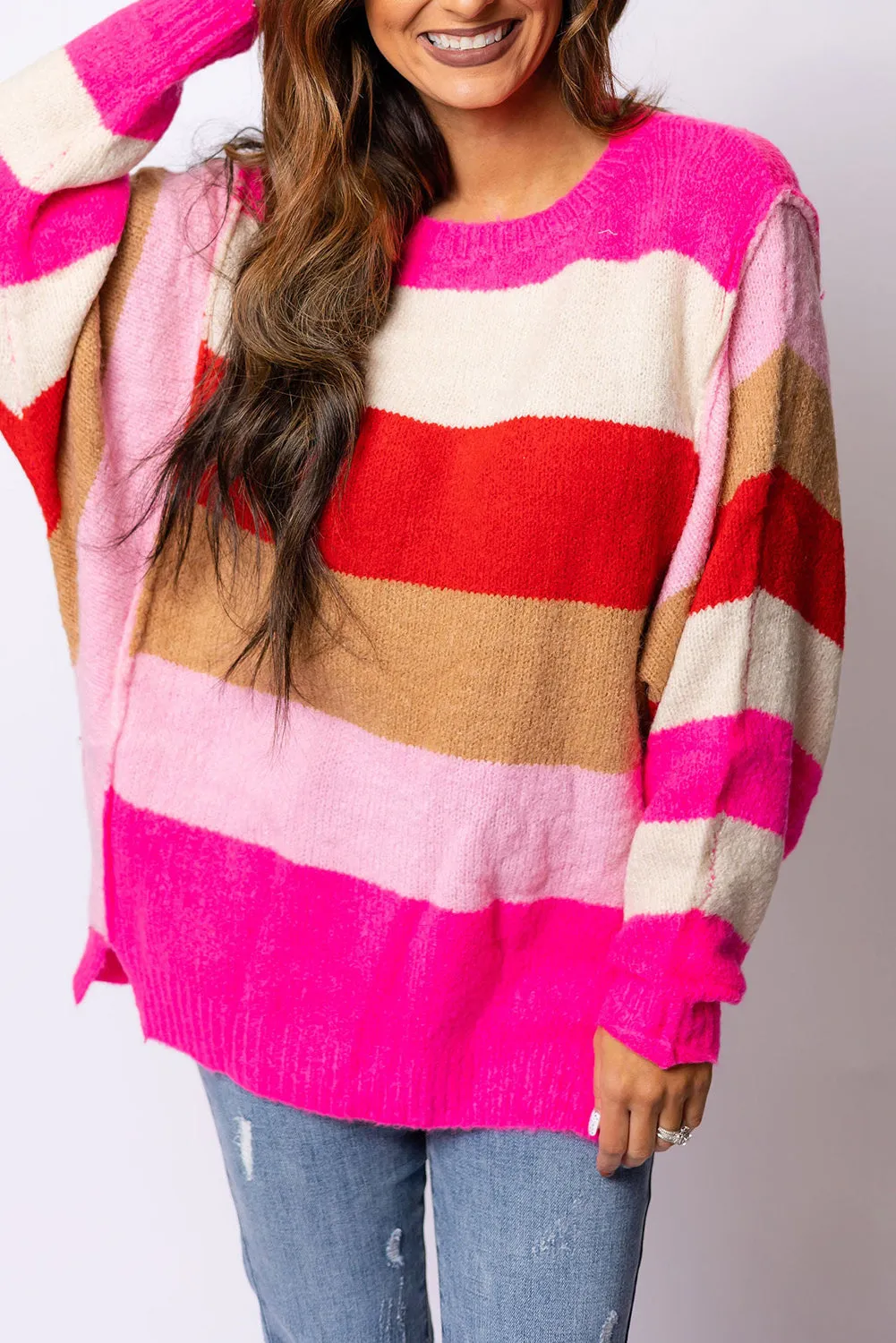 Women's Multicolor Stripes Dolman Sleeve Sweater
