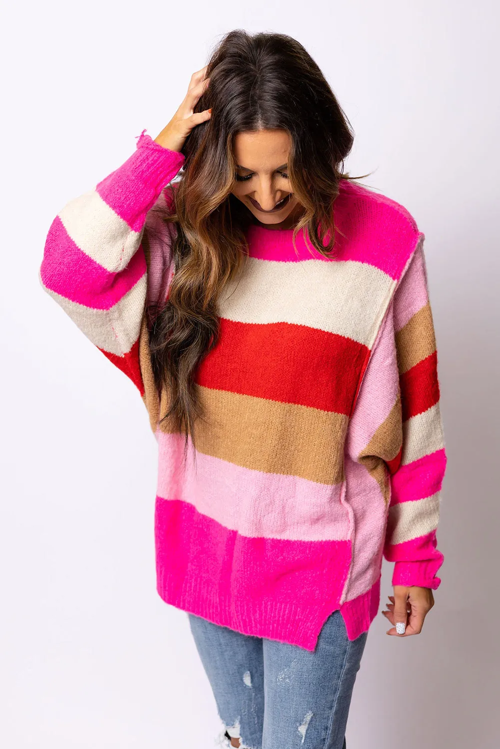 Women's Multicolor Stripes Dolman Sleeve Sweater