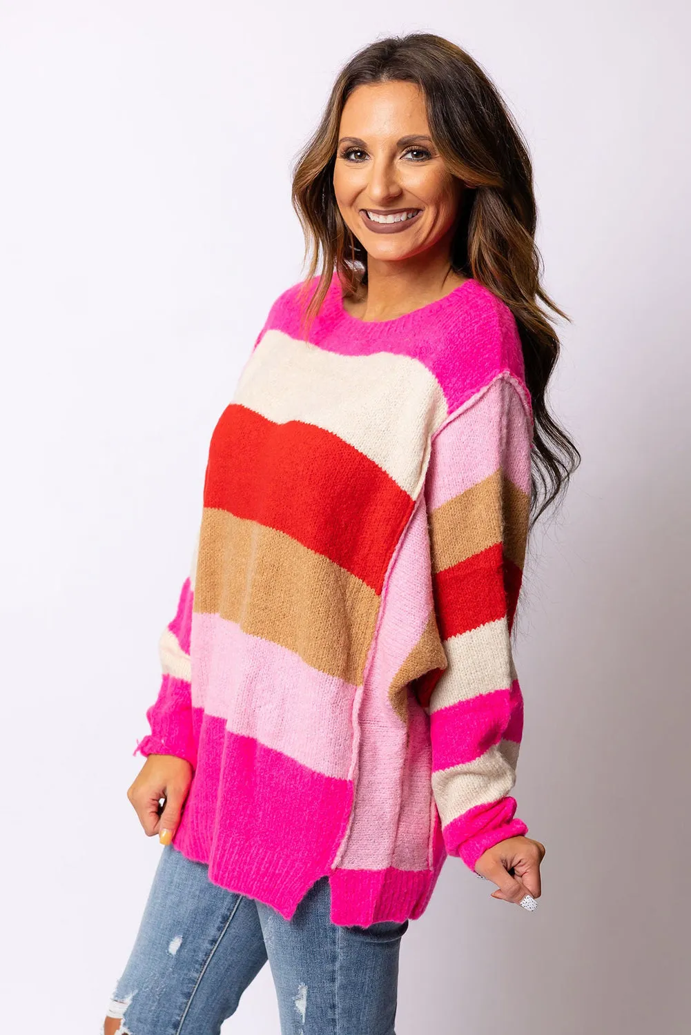 Women's Multicolor Stripes Dolman Sleeve Sweater