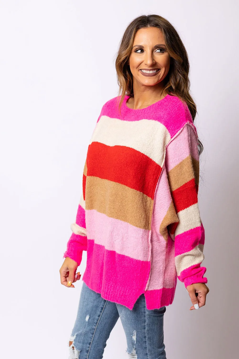 Women's Multicolor Stripes Dolman Sleeve Sweater