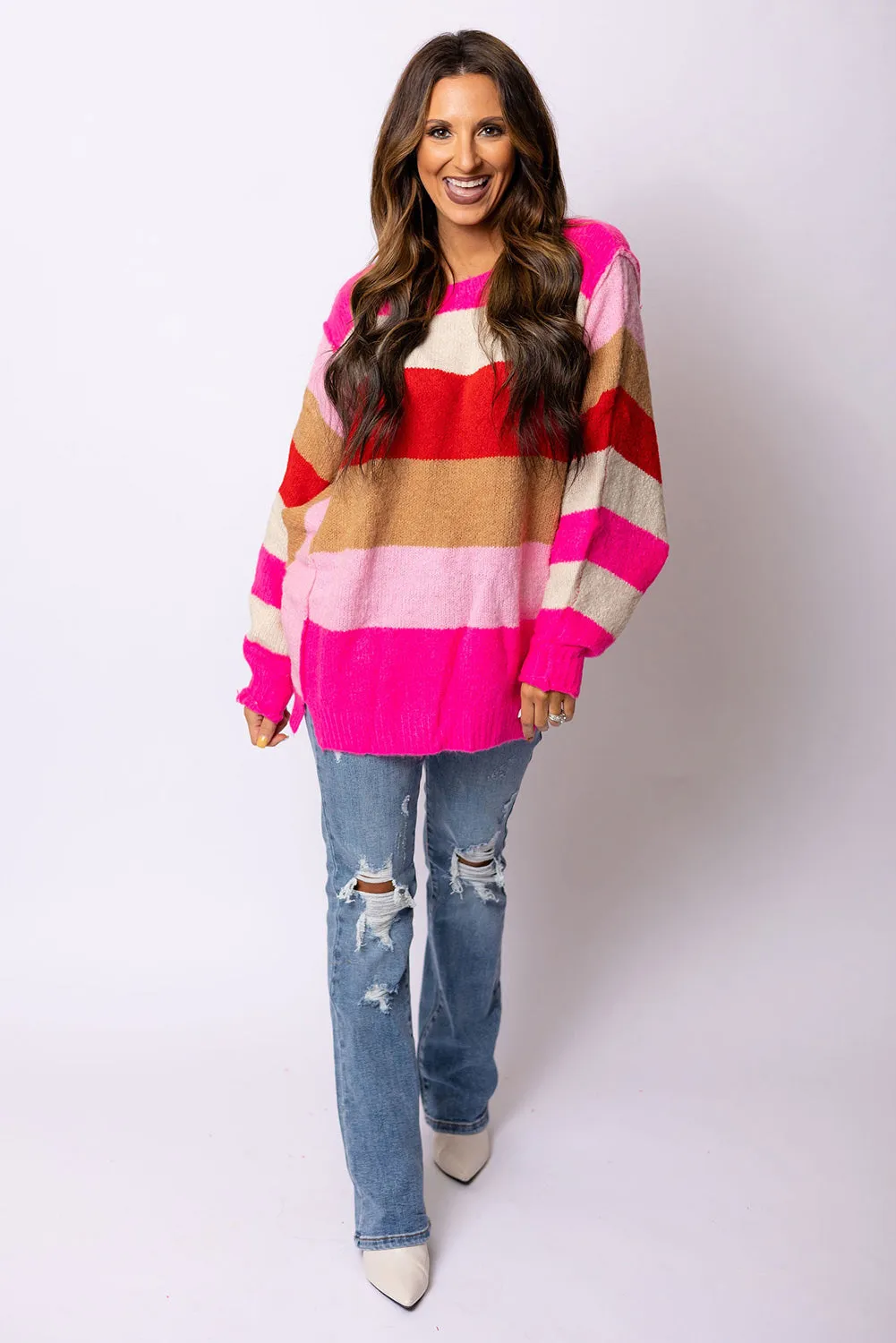 Women's Multicolor Stripes Dolman Sleeve Sweater